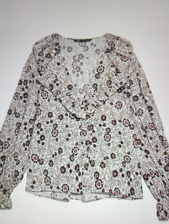 Zara Floral Ruffle Blouse in Cream & Brown - Picture 2 of 13